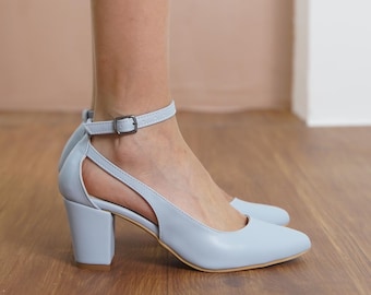 Baby Blue Wedding Heels, Vegan Leather Bridal Shoes with Medium High Block Heels, Light Blue Classic Ankle Strap Bridesmaid Wedding Sandals