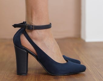 Navy Blue Wedding Heels, Vegan Suede Bridal Shoes with High Block Heels, Dark Blue Ankle Strap Brides Wedding Shoes, Vegan Gift for Her