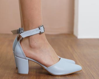 Light Blue Wedding Shoes, Vegan Leather Wedding Heels, Baby Blue Medium High Block Heel for Bride, Women Ankle Strap Closed Toe Wedding Pump