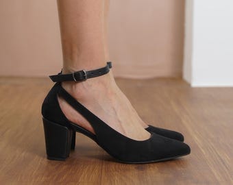 Black Wedding Heels, Vegan Suede Bridal Shoes with Medium High Block Heels, Classic Ankle Strap Bridesmaid Wedding Sandals, Gift for Her