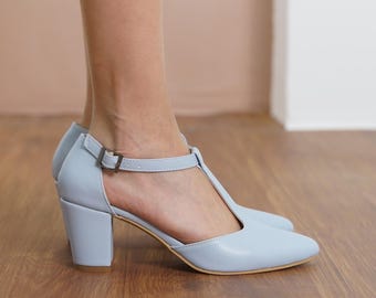 Baby Blue Mary Jane Shoes, Light Blue Vegan Leather T-Straps Wedding Medium High Heels, Bridal Low Heel Shoes, Women Vintage Wedding Sandals