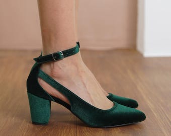 Green Wedding Heel Emerald Silky Velvet Bridal Shoe with Medium High Block Heel, Classic Ankle Strap Bridesmaid Wedding Sandal, Gift for Her