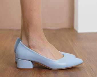 Baby Blue Bridal Heels, Light Blue Vegan Leather Wedding Shoes, Low Block Heels Classical Designer Short Heel Wedding Shoes, Blue Women Pump
