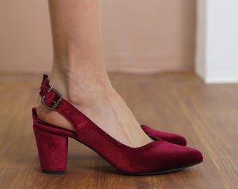 Burgundy Wedding Sweetheart Heels, Red Silky Velvet Wedding Shoes, Medium High Block Bride Heels, Comfortable Women Slingback Dress Shoes