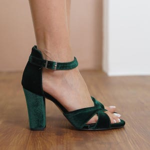 Green Criss Cross Shoes, Emerald Silky Velvet Open Toe Ankle Straps Wedding Shoes with High Bridal Heels, Brides Wedding Heels, Gift for Her