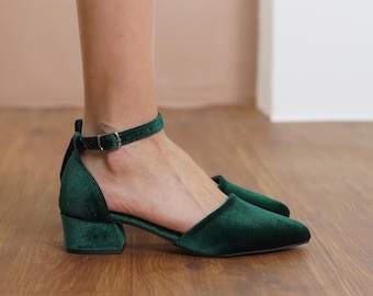 Green Wedding Heels, Emerald Velvet Silky Wedding Shoe, Low Block Heels for Bride, Women Ankle Strap Wedding Short Flat Sandal, Gift for Her
