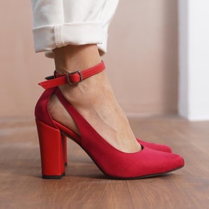 Red Wedding Heels, Vegan Suede Bridal Shoes with High Block Heels, Classic Ankle Strap Brides Wedding Shoes, Red Comfortable Heels for Woman