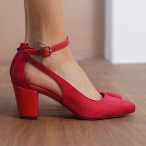 Red Wedding Heels, Vegan Suede Bridal Shoes with Medium High Block Heels, Red Classic Ankle Strap Bridesmaid Wedding Sandals, Gift for Her