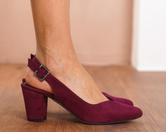 Burgundy Wedding Heels, Vegan Suede Wedding Shoes, Medium High Block Bride Heel, Maroon Closed Toe Slingback Comfortable Sweetheart Shoes