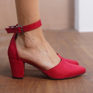 Red Wedding Shoes, Vegan Suede Women Heels, Red Medium High Block Heel for Brides, Women Ankle Straps Closed Toe Wedding Pumps