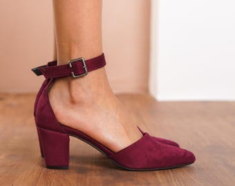 Burgundy Wedding Shoes, Vegan Suede Wedding Heels, Maroon Medium Block Heel for Brides, Dark Red Women Ankle Straps Closed Toe Wedding Pumps