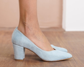 Baby Blue Wedding Shoes, Light Blue Vegan Suede Wedding Heel, Medium High Block Formal Bride Shoe, Classic Sweetheart Women Dress Shoes
