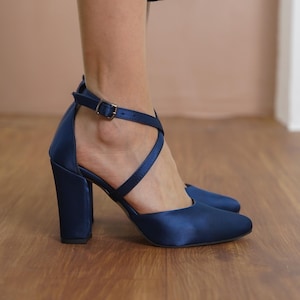 Navy Blue Criss Cross Heels, Silky Satin Closed Toe Ankle Straps Wedding Heels with High Block Bridal Shoes, Dark Blue Brides Wedding Shoes