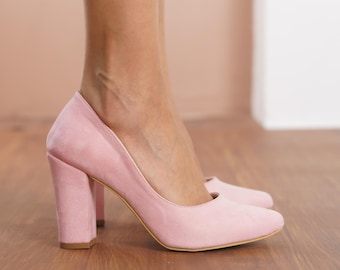 Dusty Pink Bridal Heels, Vegan Suede Wedding Shoes, Elegant High Block Heels, Classical Designer Wedding Shoes, Blush Pink Court Women Pumps