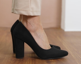 Black Bridal Heels, Vegan Suede Wedding Shoes, Elegant High Block Heels, Classical Designer Wedding Shoes, Party Wear Women Pump, Vegan Gift