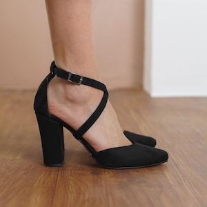 Black Criss Cross Heels, Vegan Suede Closed Toe Ankle Straps Wedding Heels with High Block Bridal Shoes, Brides Wedding Shoes, Gift for Her