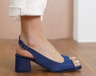 Navy Blue Bride Heels, Silky Satin Wedding Heels, Low Bridal Block Heel for Bridesmaid, Open Toe Slingback Wedding Women Flat Sandals