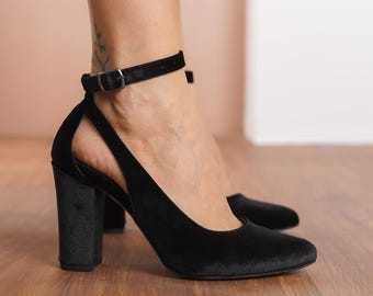 Black Velvet Wedding Heels, Black Silky Velvet Bridal Shoes with High Block Heel, Black Ankle Strap Brides Boho Wedding Shoe, Gift for Her