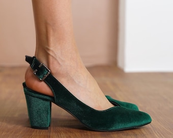 Green Wedding Heels, Emerald Silky Velvet Elegant Wedding Shoe Medium High Bride Heel Closed Toe Slingback Chic Sweetheart Woman Dress Shoes