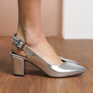 Silver Wedding Heels, Vegan Leather Elegant Wedding Shoe, Medium High Block Bride Heel, Platinum Slingbacks, Comfortable Women Dress Shoes