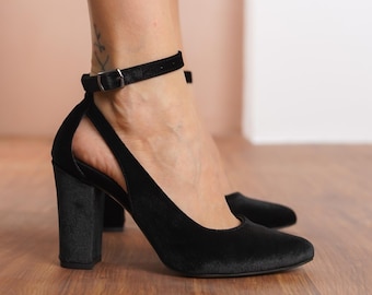 Black Wedding Heels, Silky Satin Vegan Bridal Shoes with High Block Heels, Classic Ankle Strap Brides Wedding Shoes, Vegan Gift for Her