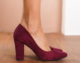 Burgundy Bridal Heels, Maroon Suede Shoes , Elegant High Block Heels, Classical Designer Wedding Shoes, Dark Red Party Wear Women Pumps