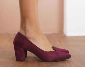 Burgundy Wedding Shoes, Vegan Suede Wedding Heel, Medium High Block Formal Bride Shoes, Classic Designer Sweetheart Heels, Maroon Dress Shoe