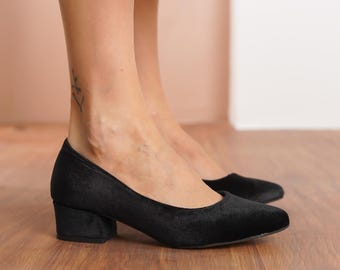 Black Bridal Heels, Black Silky Velvet Wedding Shoe, Elegant Low Block Heel, Classical Designer Short Wedding Shoe, Party Wear Women Pumps