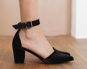 Black Wedding Shoes, Silky Velvet Wedding Heels, Medium High Block Heels for Brides, Women Ankle Strap Closed Toe Wedding Pump, Gift for Her
