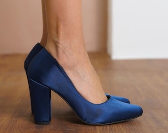 Navy Blue Bridal Heels, Silky Satin Wedding Shoes, Elegant High Block Heels, Classical Designer Wedding Shoes, Party Wear Women Pumps