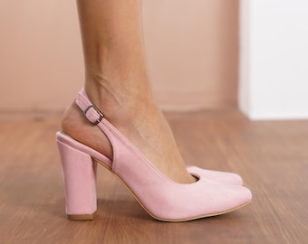 Pink Bridal Heels, Vegan Suede Wedding Shoes, High Block Heels for Bride, Blush Pink Classic Women Closed Slingback Wedding Sandals