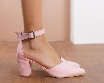 Blush Pink Wedding Shoes, Vegan Suede Wedding Heels, Pink Medium High Block Heel for Brides, Women Ankle Straps Closed Toe Wedding Pumps