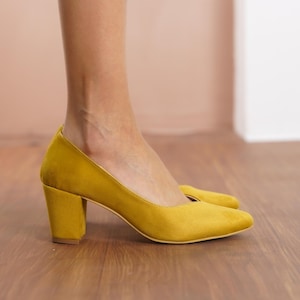 womens yellow dress shoes SKYSTERRY Women's Spool Slip On Wedding Round Toe Matte 4 Inch High Heel Pumps Size 12 - Zapatos para Mujer to shoes for spring and summer Yellow Women's Block Low Heels