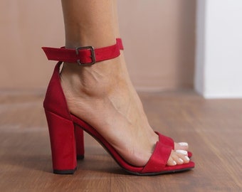 Red One Band Heels, Vegan Suede Open Toe Ankle Straps Wedding Shoes High Block Bridal Heels, Red Suede Wedding Shoes for Bridesmaids