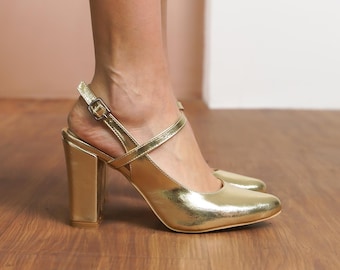 Gold Bridesmaid Heels, Vegan Leather Ankle Straps Wedding Shoes, Brides High Block Heels, Classic Women Heels, Gold Slingback Wedding Heels