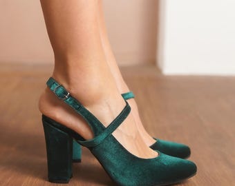 Emerald Green Bridesmaid Heels, Silky Velvet Ankle Straps Wedding Shoes, Bride High Block Heel, Women Closed Toe Slingback Wedding Heels