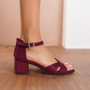 Burgundy Criss Cross Shoes, Vegan Suede Open Toe Ankle Straps Short Wedding Shoes, Maroon Low Block Heels, Dark Red Brides Wedding Heels