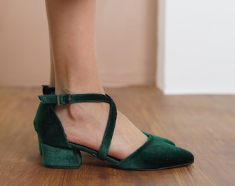 Green Criss Cross Heels, Emerald Silky Velvet Closed Toe Ankle Straps Low Wedding Heels Short Bridal Shoe, Brides Wedding Shoe, Gift for Her