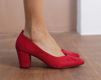 Red Wedding Sweetheart Shoes, Vegan Suede Wedding Heel, Medium High Block Formal Bride Shoes, Classic Designer Women Pump, Court Dress Shoes