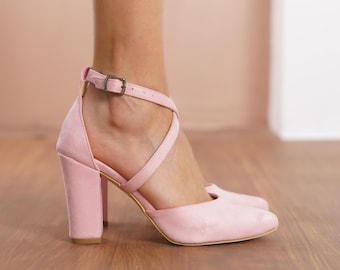 Blush Pink Criss Cross Heels, Vegan Suede Closed Toe Ankle Straps Wedding Heels with High Block Bridal Shoes, Dusty Pink Brides Wedding Shoe