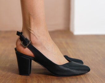 Black Wedding Heels, Silky Satin Sweetheart Wedding Shoes, Medium High Block Bride Heel, Closed Toe Slingback Comfortable Women Dress Shoes