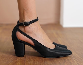 Black Wedding Heels, Silky Satin Bridal Shoes with Medium High Block Heels, Classic Ankle Strap Bridesmaid Wedding Sandals, Gift for Her