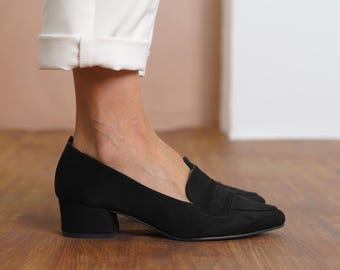 Black Casual Penny Loafer, Vegan Suede Office Shoe, Elegant Low Block Heel, Classical Designer Heel Pump, Party Women Shoe, Comfortable Flat