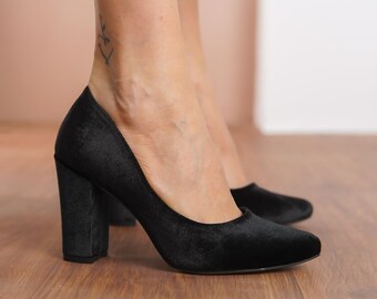 Black Bridal Heels, Silky Velvet Wedding Shoes, Elegant High Block Heels, Black Classical Designer Wedding Shoes, Party Wear Women Pumps