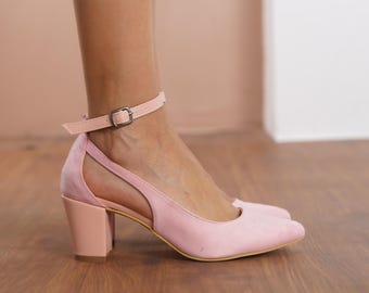 Dusty Pink Wedding Heels, Vegan Suede Bridal Shoes with Medium High Block Heels, Blush Pink Classic Ankle Strap Bridesmaid Wedding Sandals