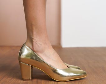 Gold Wedding Shoes, Vegan Leather Wedding Heels, Medium High Block Formal Bride Shoes, Classic Designer Heels, Gold Sweetheart Dress Shoes