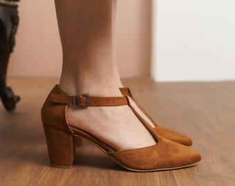 Tan Brown Mary Jane Shoes, Brown Vegan Suede T-Straps Boho Wedding Medium High Heels, Bridal Low Heeled Shoes, Women Vintage Wedding Sandals