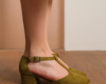 Olive Green Mary Jane Shoes, Light Sage Green Vegan Suede T-Straps Boho Wedding Heels, Bridal Low Heeled Shoes, Women Short Wedding Sandals