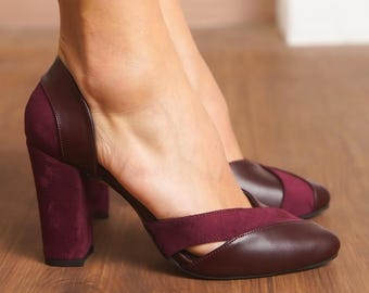 Burgundy Wedding Heels, Red Vegan Leather and Suede High Wedding Shoes High Block Bridesmaid Heels, Classic Closed Toe Brides Women Sandals