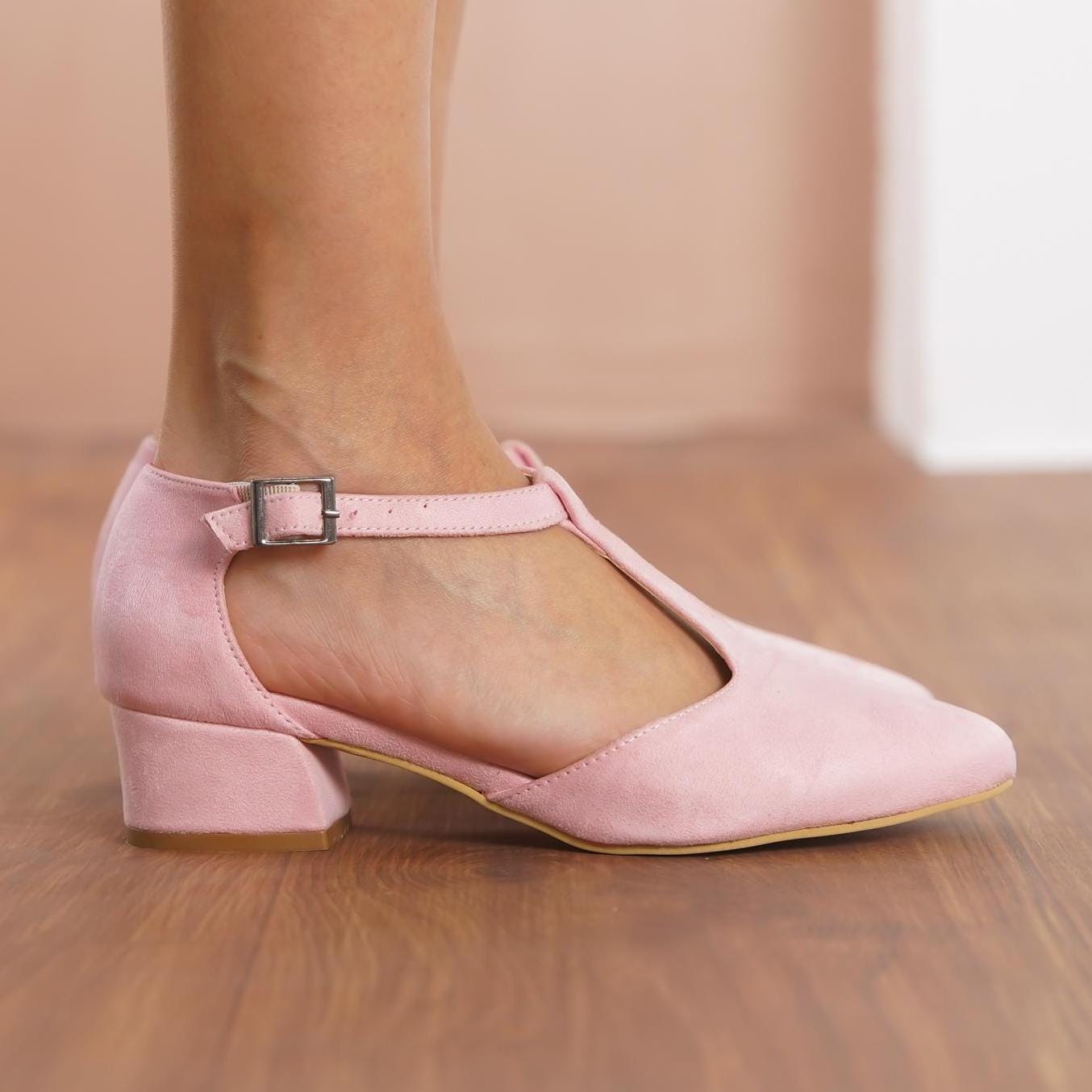 Blush Pink Mary Jane Shoes, Dusty Rose Vegan Suede T-straps